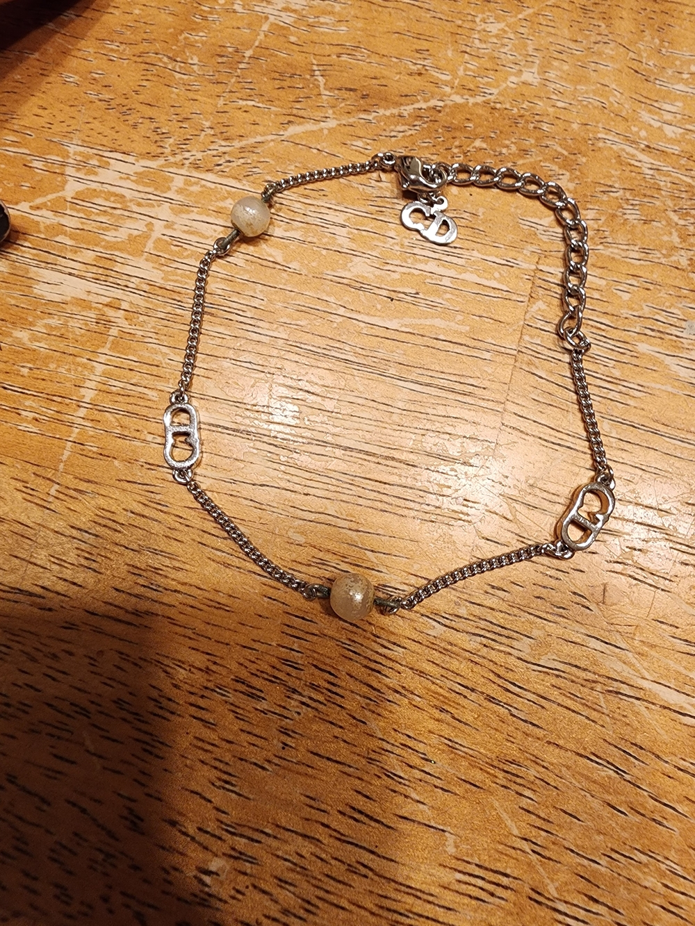 silver-tone Christian Dior chain bracelet  CD logo charms pearl-like Beads